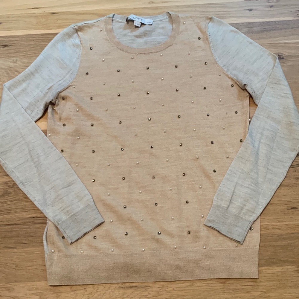 LOFT Crewneck Long Sleeve Pearl & Rhinestone Wool Blend Sweater Petite Women SP